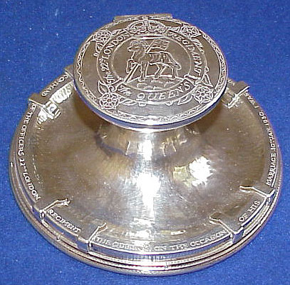 ENGLISH SILVER MILITARY INKWELL BY THE IMPORTANT SILVERSMITH OMAR RAMSDEN.