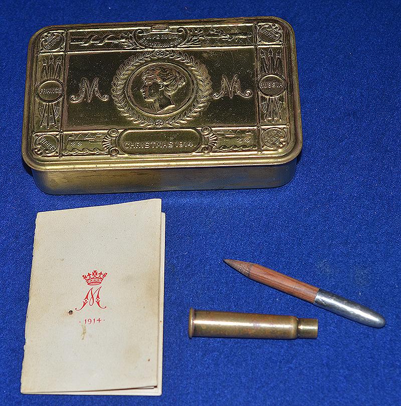 BRITISH WW1 1914 CHRISTMAS GIFT TIN WITH ORIGINAL CONTENTS , BULLET PENCIL AND CARD.