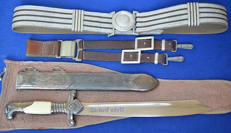 RAD OFFICERS DAGGER BY EICKHORN NAMED TO THE ORIGINAL OWNER, WITH STRAPS, BELT LOOP, STORAGE BAG.