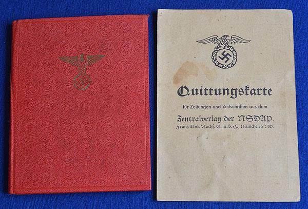 NSDAP MEMBERSHIP BOOK AND DONATION CARD.