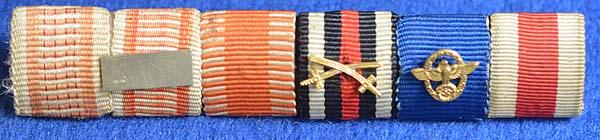 POLICE MEDAL RIBBON BAR FOR SIX AWARDS INCLUDING POLICE 25 YEAR LONG SERVICE AWARD.