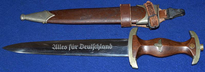 SA DAGGER 1933 MODEL BY EICKHORN COMPLETE WITH RARE BROWN LEATHER VERTICAL HANGER.