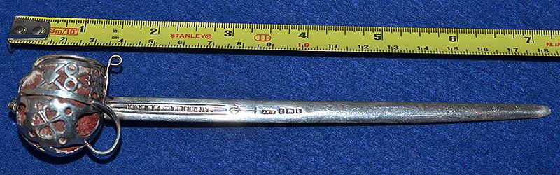 ANTIQUE MINIATURE SILVER SCOTTISH BASKET HILT SWORD.