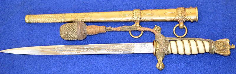THIRD REICH NAVAL DAGGER BY WKC WITH GOLD KNOT.