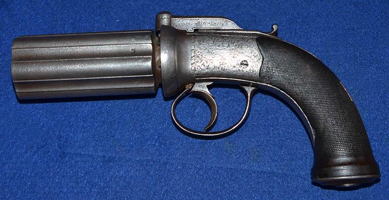 ANTIQUE BRITISH SIX SHOT PERCUSSION PEPERBOX REVOLVER.