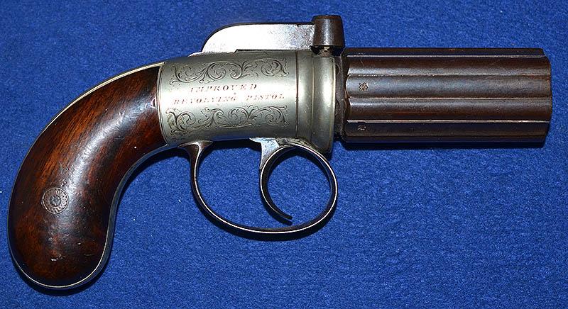 ANTIQUE SIX SHOT PERCUSSION PEPERBOX REVOLVER BY WOODS OF WORCESTER.