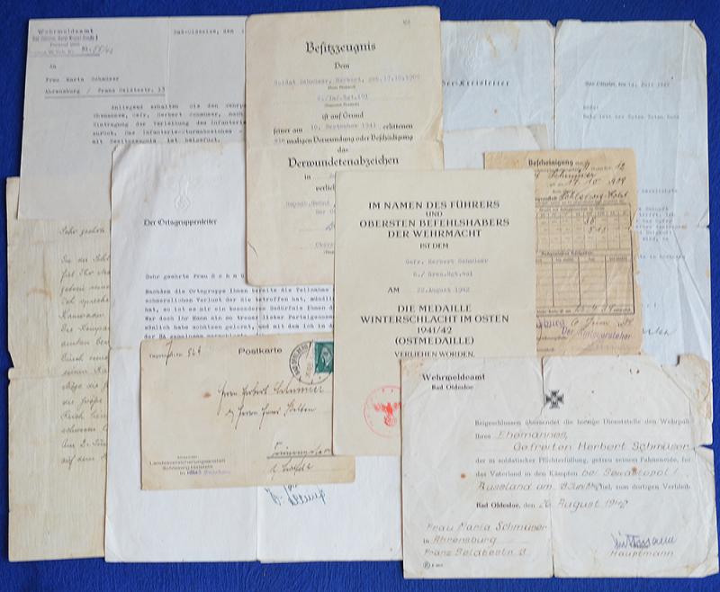 SET OF 10 ARMY AND NSDAP DOCUMENTS TO INFANTRY GEFREITER HERBERT SCHMUSER,KILLED IN ACTION IN RUSSIA 1942.