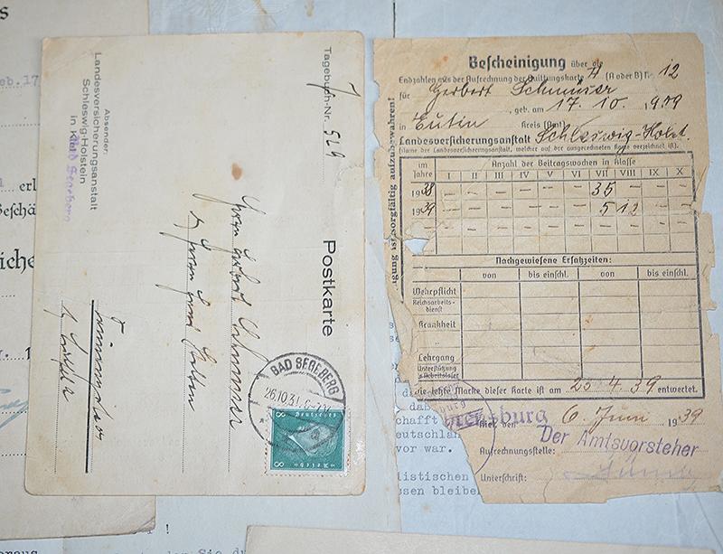 SET OF 10 ARMY AND NSDAP DOCUMENTS TO INFANTRY GEFREITER HERBERT SCHMUSER,KILLED IN ACTION IN RUSSIA 1942.