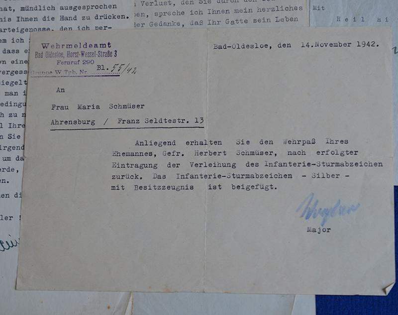 SET OF 10 ARMY AND NSDAP DOCUMENTS TO INFANTRY GEFREITER HERBERT SCHMUSER,KILLED IN ACTION IN RUSSIA 1942.