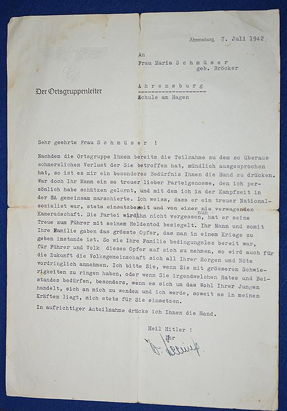 SET OF 10 ARMY AND NSDAP DOCUMENTS TO INFANTRY GEFREITER HERBERT SCHMUSER,KILLED IN ACTION IN RUSSIA 1942.