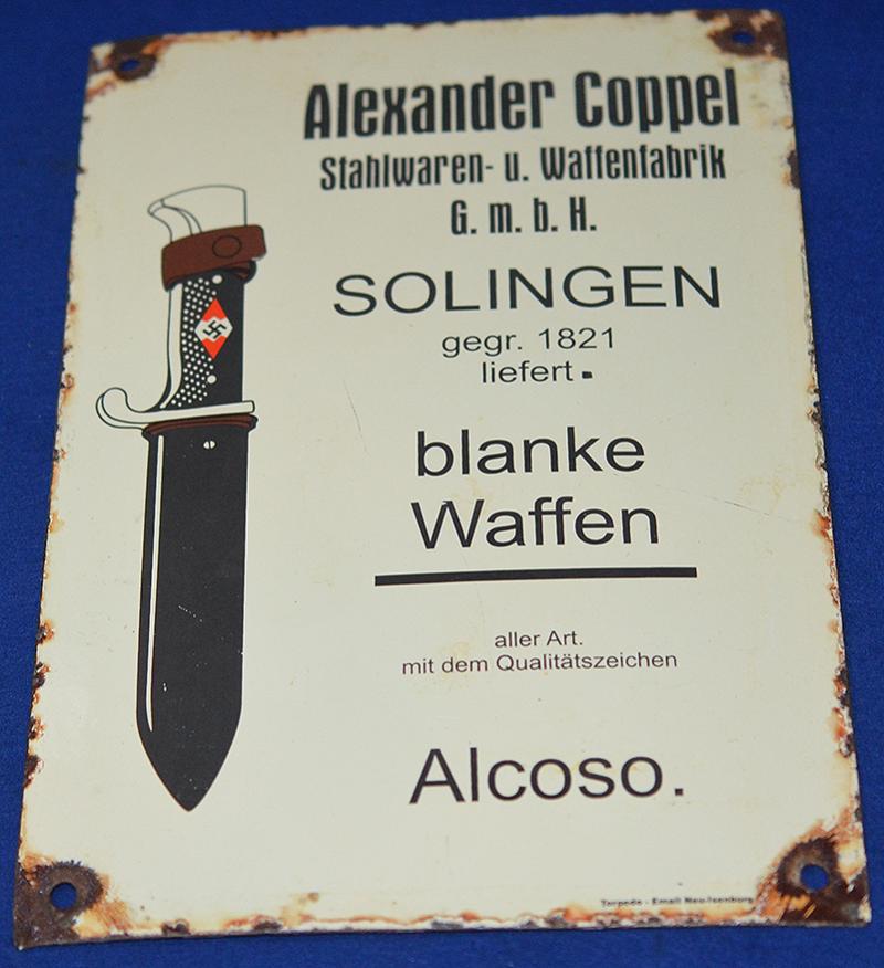 ALCOSO HITLER YOUTH ENAMEL ADVERTISING SIGN, POST WAR.