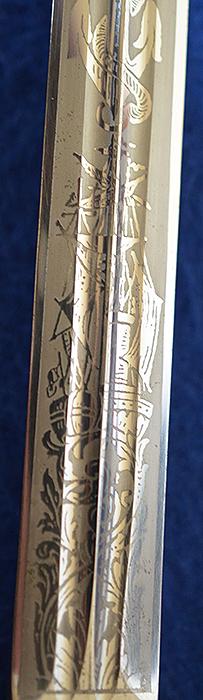 THIRD REICH NAVAL DAGGER WITH SAILING SHIP ETCHED BLADE BY HOLLER COMPLETE WITH GOLD KNOT.