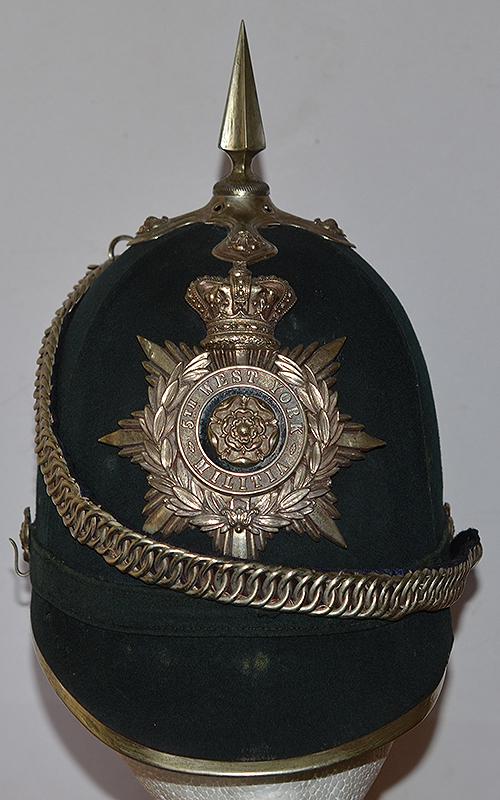 BRITISH VICTORIAN 5TH WEST YORK MILITIA OFFICERS GREEN CLOTH HELMET.