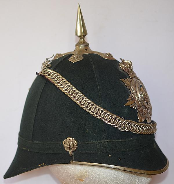 BRITISH VICTORIAN 5TH WEST YORK MILITIA OFFICERS GREEN CLOTH HELMET.