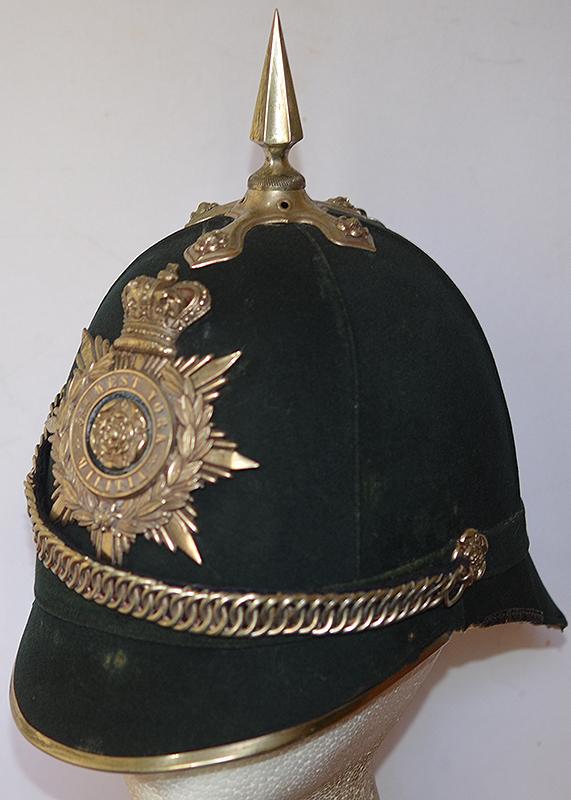 BRITISH VICTORIAN 5TH WEST YORK MILITIA OFFICERS GREEN CLOTH HELMET.