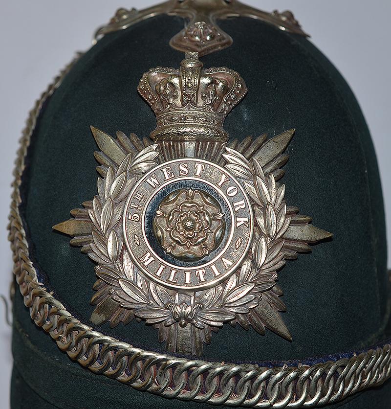 BRITISH VICTORIAN 5TH WEST YORK MILITIA OFFICERS GREEN CLOTH HELMET.