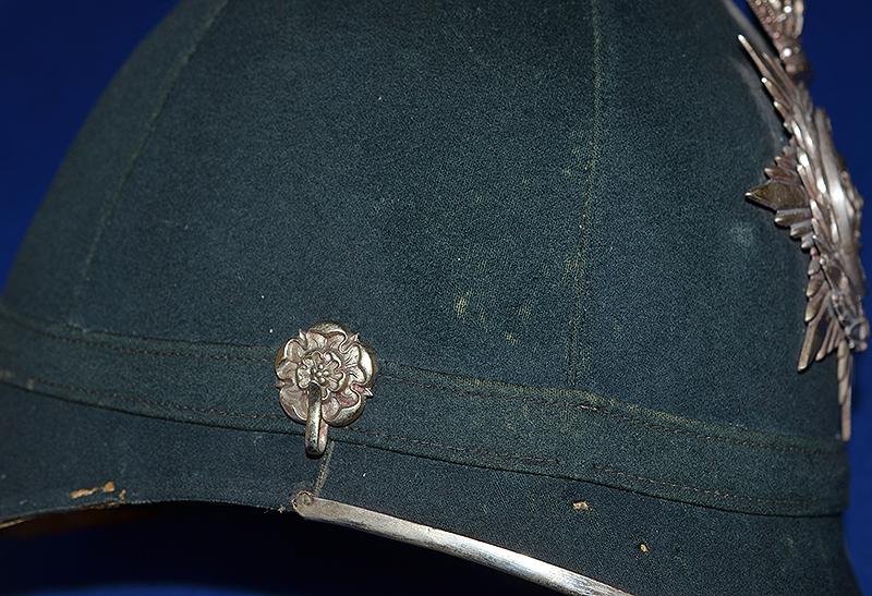 BRITISH VICTORIAN 5TH WEST YORK MILITIA OFFICERS GREEN CLOTH HELMET.