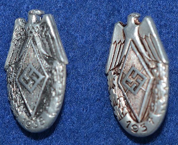 PAIR OF HITLER YOUTH BADGES FOR THE 1937 AND 1938 RALLY.