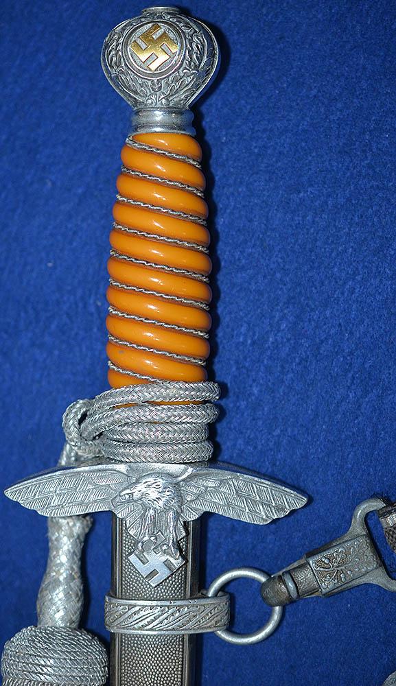 LUFTWAFFE 2ND MODEL DAGGER BY SMF, COMPLETE WITH DELUXE STRAPS AND SILVER KNOT, NEAR MINT.