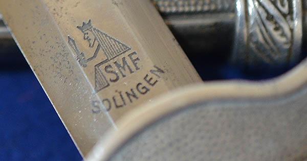 LUFTWAFFE 2ND MODEL DAGGER BY SMF, COMPLETE WITH DELUXE STRAPS AND SILVER KNOT, NEAR MINT.