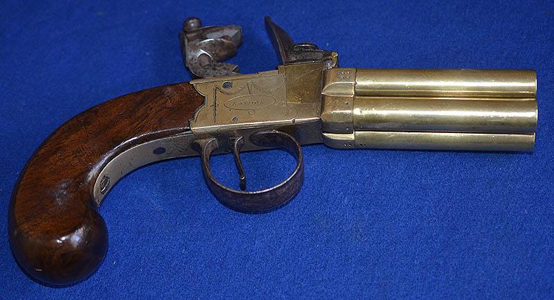 ANTIQUE ENGLISH FLINTLOCK FOUR BARREL VOLLEY PISTOL BY KETLAND.