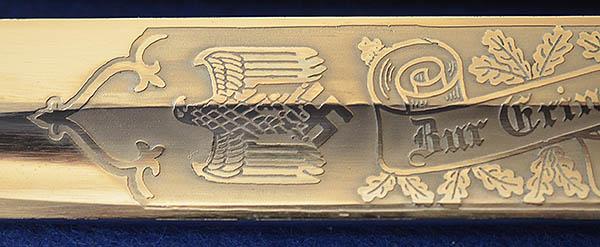 GERMAN ARMY LONG MODEL PARADE BAYONET BY EICKHORN WITH ENGRAVED BLADE,COMPLETE WITH FROG AND KNOT,MINT CONDITION.